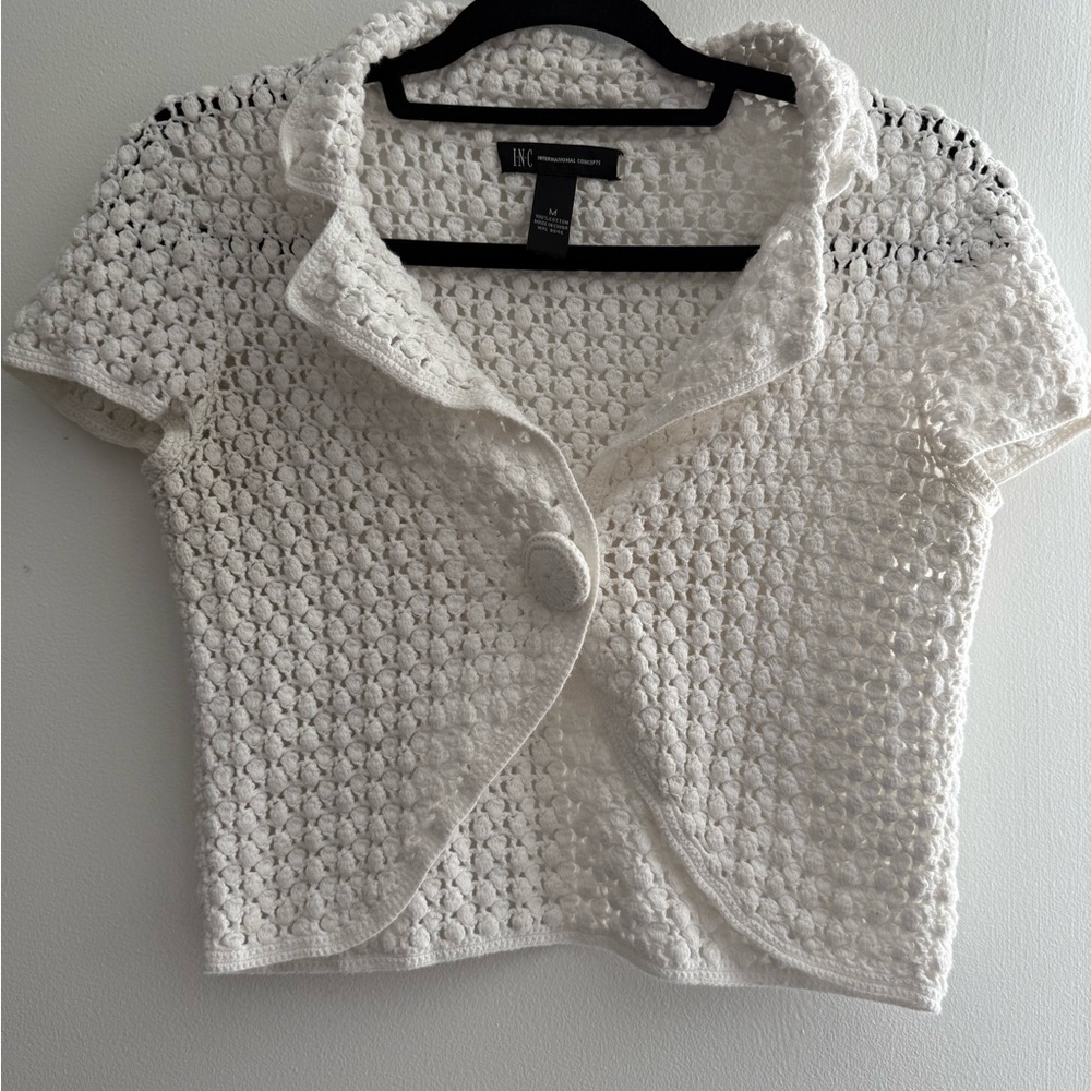 INC International Concepts White Crochet Button Front Short Sleeve Cardigan M